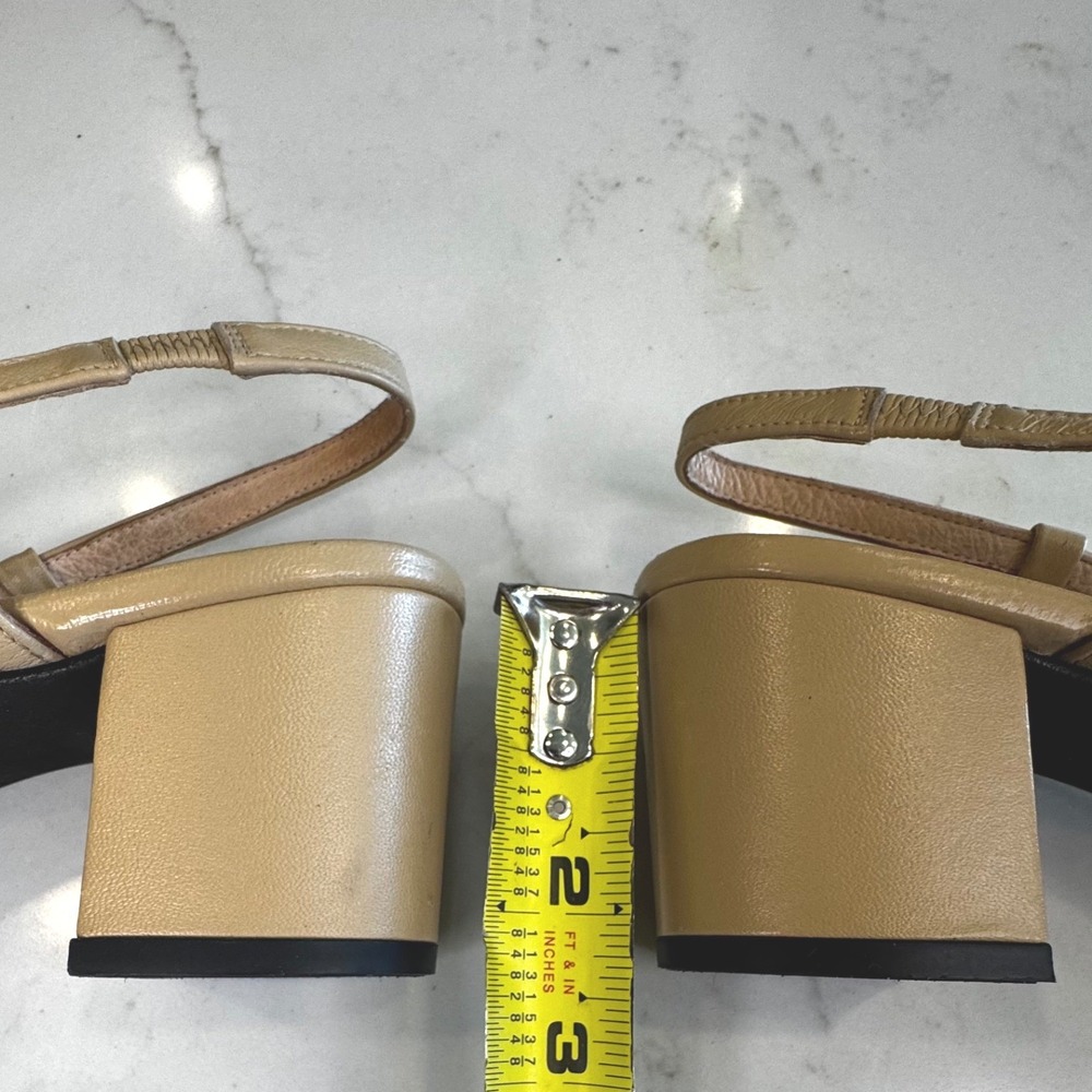 FS/NY French Sole Wom 9.5 B Beige Black Cap Toe Leather Slingback Low Block Heel - Picture 10 of 15